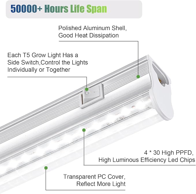 Grow Lights for Indoor Plants, 5000K White Full Spectrum LED Growing Lamp, 1FT T5 Plant Growing Light Strips for Greenhouse Seed Starting, Vegetables, Plug and Use, 4-Pack