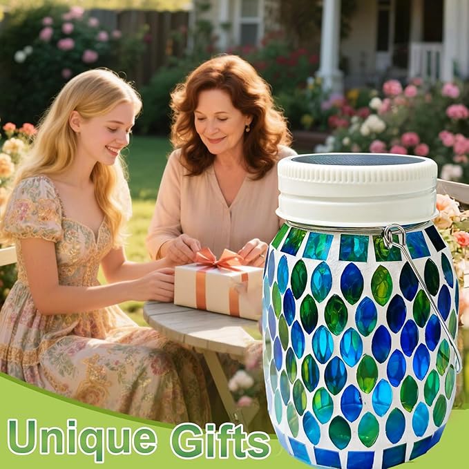 Mosaic Garden Decor Solar Outdoor Hanging Lights,Solar Mosaic Lanterns Christmas Gifts for Women Mom Grandma Halloween and Garden,Patio,Pathway & Yard Décor (Bule)