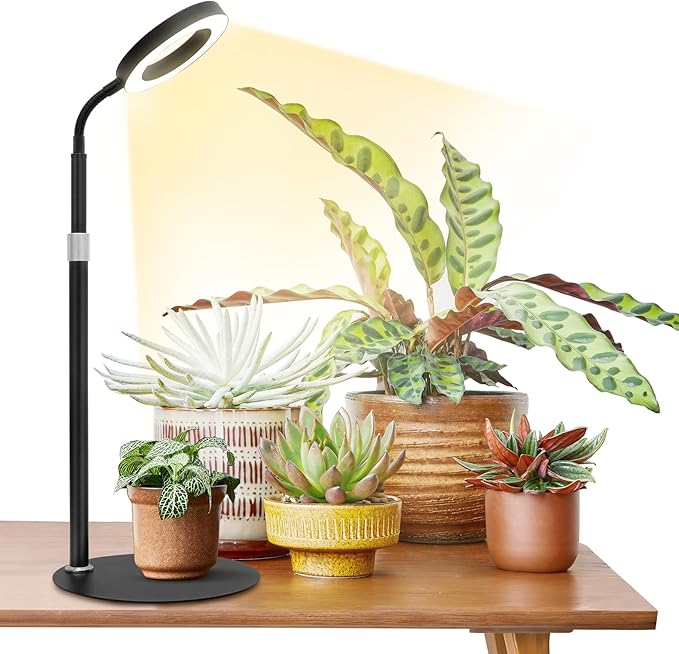 Desk Top Grow Lights for Indoor Plants,Full Spectrum Table Plant Light,24.2" Telescope Stand,UV LED Red Blue Halo Growing Lamp,Adjustable Gooseneck,Auto Timer,3 Lighting Modes,10-Level Dimmable