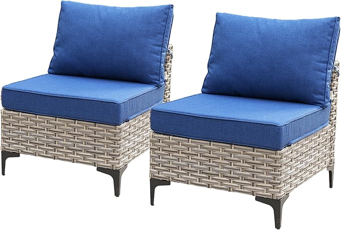HOOOWOOO 2 Pieces Outdoor Patio Sectional Sets with 2 Armless Middle Chairs,Denim Blue