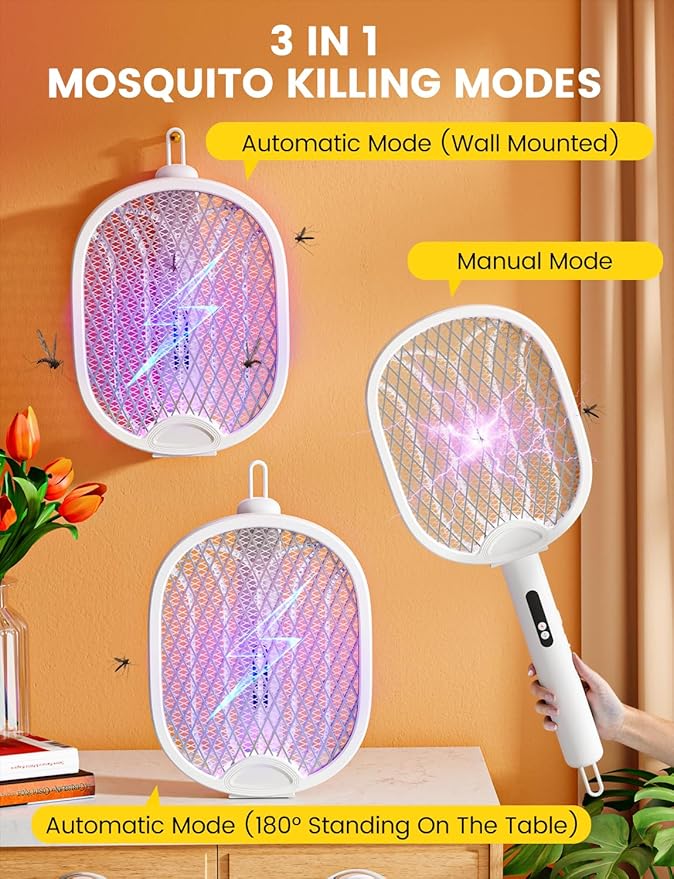 Electric Fly Swatter Foldable Bug Zapper Racket with 4000V 1800mAh Rechargeable Battery 5-Layer Safety Mesh Dual Modes with Mosquito Light Suitable for Indoor or Outdoor Use (White)