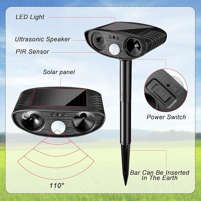 Ultrasonic Animal Repellent Outdoor Solar Powered Repeller Cat Dog Deer Deterrent Waterproof Motion Sensor Deterrent for Yard Garden Rabbit Squirrels Fox Pest(Black,2 Pieces)