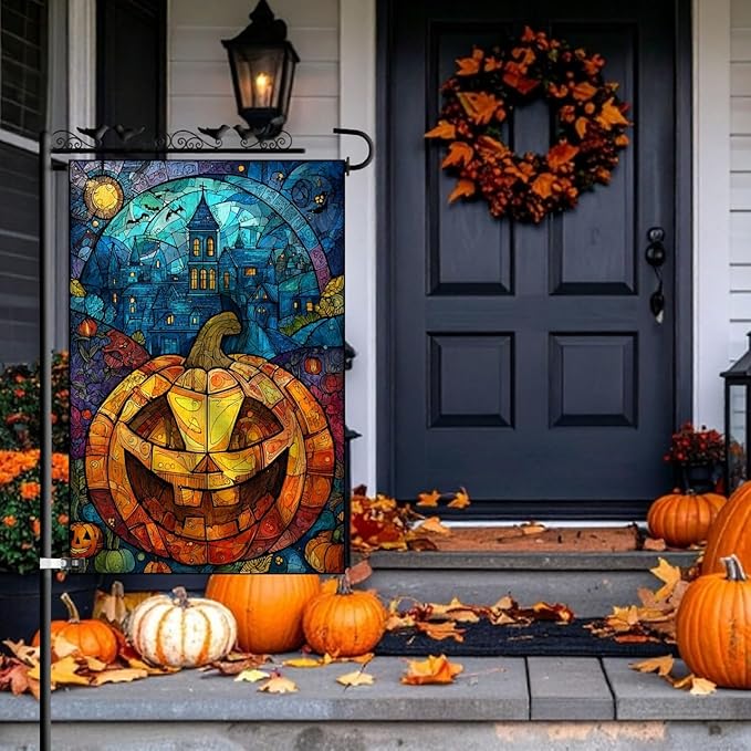 Halloween Garden Flag 12x18 – Double Sided Burlap Flag with Pumpkin & Stained Glass Design –Fall Outdoor Yard Decor for Halloween