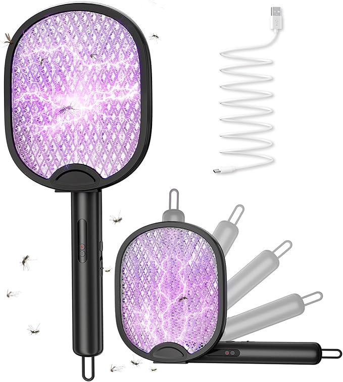 Electric Fly Swatter 4000V Bug Zapper Racket Foldable with Blue Light Dual Mode 1800mAh Rechargeable Battery 5-Layer Safety Mesh for Indoor & Outdoor(Black)