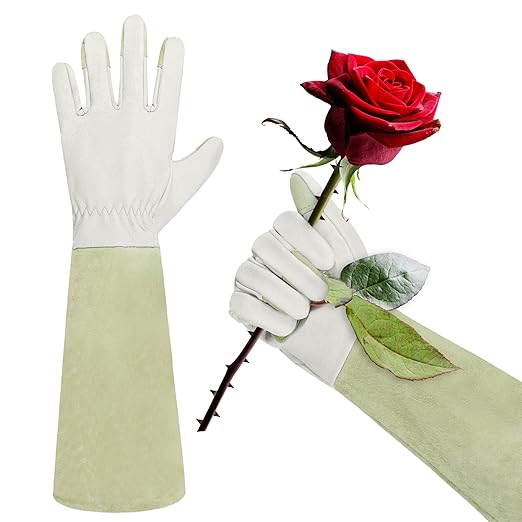 HLDD HANDLANDY Long Sleeve Leather Gardening Gloves,Puncture resistant,Breathable Pigskin Leather Gauntlet,Rose Pruning Floral Gauntlet Garden Gloves For Women and Men (Medium, Beige)