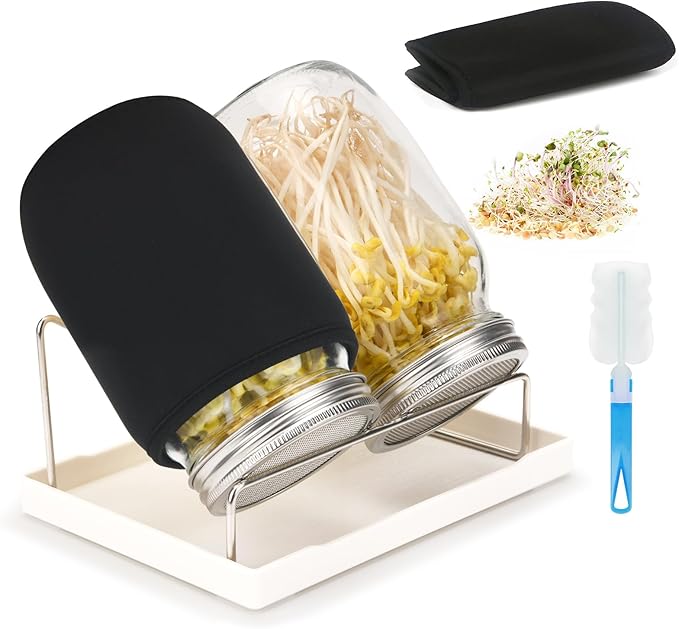 Lulonpon Sprouting Kit, 2 Sprouting Jar Kits, Wide Mouth Quart Mason Jars with Stainless Steel Screen Sprout Lids,1000ml Sprouts Growing Kit, Seed Sprouter Set for Growing Broccoli, Bean, Alfalfa