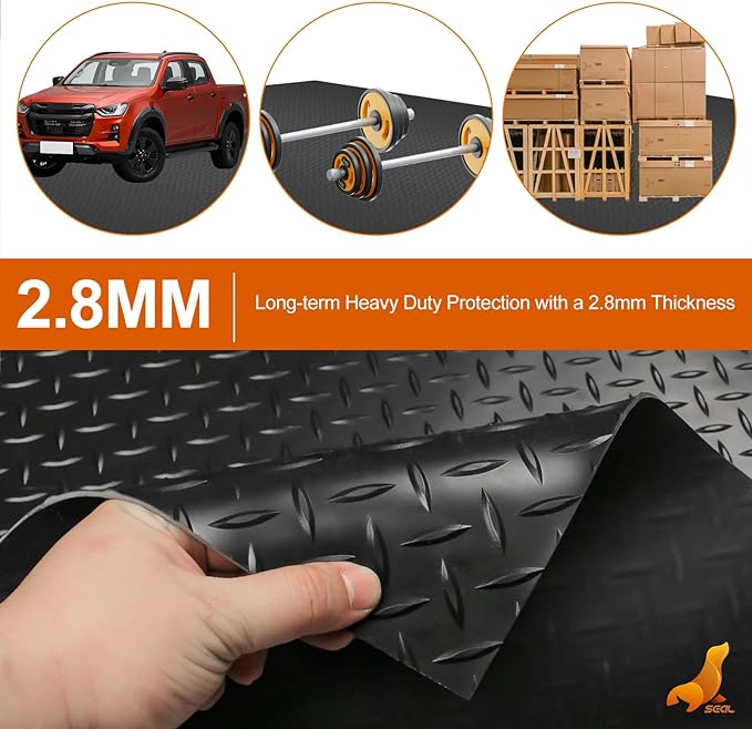 SEAL 4 x 10 Ft Premium Garage Floor Mat, Solid 2.8mm Thickened Black Commercial Grade Heavy Duty Parking Mat for Garage Floor, Golf Cart, Water/Stain Resistant Floor Runner (Embossed Diamond Plate)