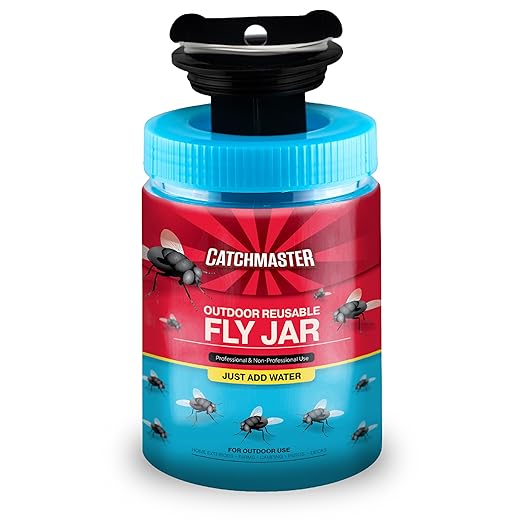 Catchmaster Outdoor Reusable Fly Traps Outdoor with Bait Included – 1 Non-Toxic, Pet Safe Hanging Fly Jar – Bug Catchers for Yard, Patio & Trash – Sets Up in Seconds