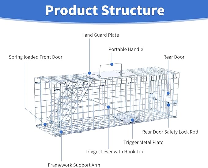 24” Humane Animal Trap Live Animal Trap Cage for Squirrels Small Stray Cats Rabbits Groundhogs Moles Gophers and Chipmunks up to 5.5 lbs Galvanized Rustproof Live Animal Cage Trap