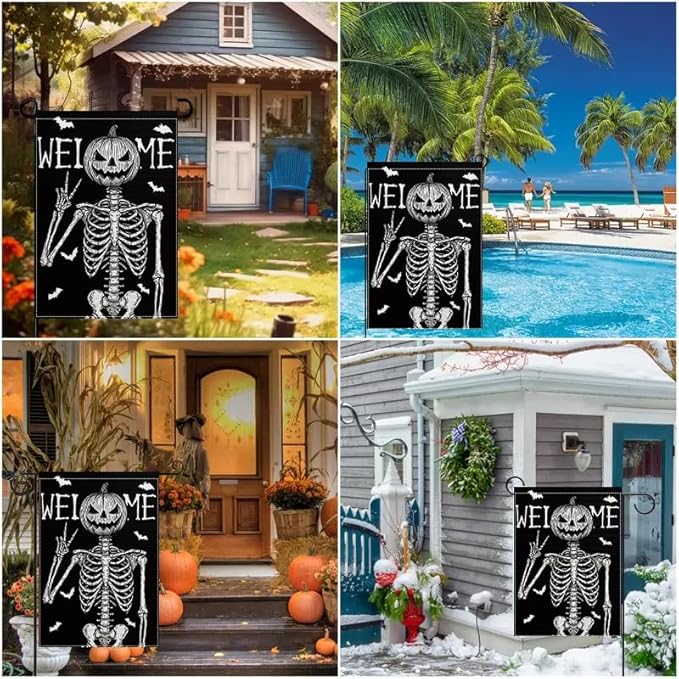 Halloween Welcome Garden Flag 12x18 Inch Double Sided, Grim Reaper Skeleton Pumpkin Yard Flag, Outdoor Porch Patio Lawn Decoration for Haunted House, Birthday Party, Holiday Seasonal Décor