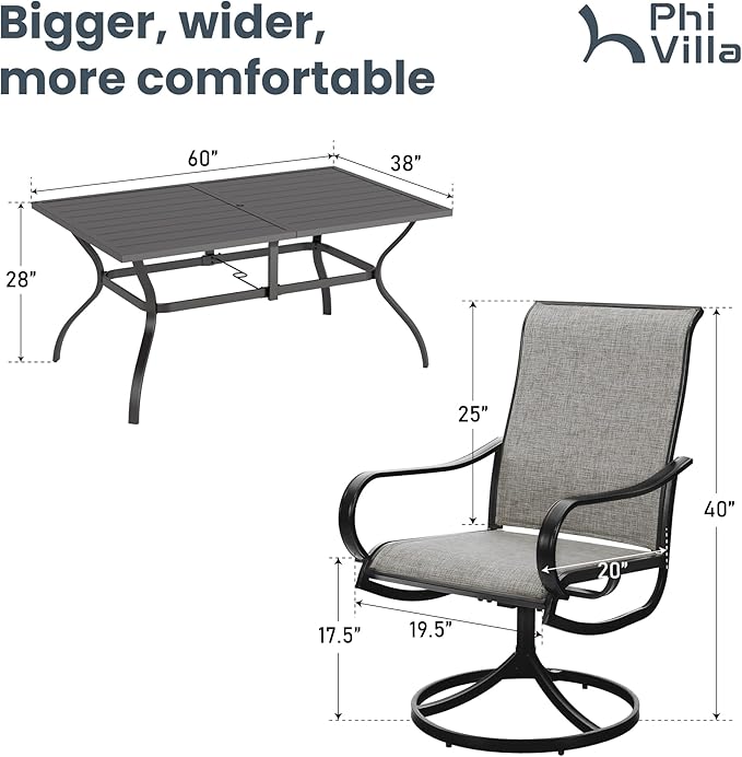 PHI VILLA 7 PCS Patio Dining Set, Rectangle Metal Table with 1.57" Umbrella Hole and 6 High Back Textilene Swivel Chairs, Suitable for All Weather