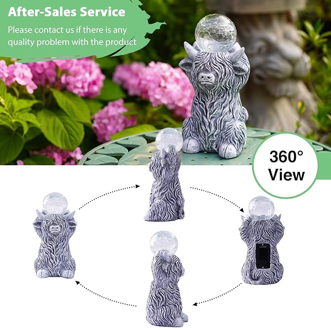 Goodeco Highland Cow with Solar Gazing Ball Lights – 8.2 Inch Garden Statue for Home & Outdoor Decor, Highland Cow Gifts for Yard & Patio (Gray)