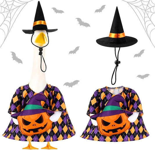 Sanwuta 1 Set Halloween Porch Goose Outfit Pumpkin Pillow Design with Witch Hat for 23" Lawn Cement Goose Porch Geese Clothes Costume for Halloween Garden Patio Yard Outdoor Decorations