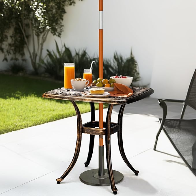 Outvita Patio Side Table, 21.3in Outdoor Square Cast Aluminum Bistro Table with Umbrella Hole and Antique Design for Backyard Porch Pool Balcony Deck Bronze