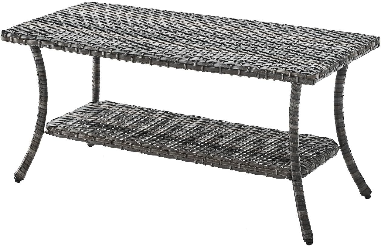 Patio Tables Outdoor Coffee Table - Wicker Rattan Coffee Tables with 2-Tier Storage Shelf Side Table for Porch Deck Balcony Garden Outside Rectangle Mixed Grey