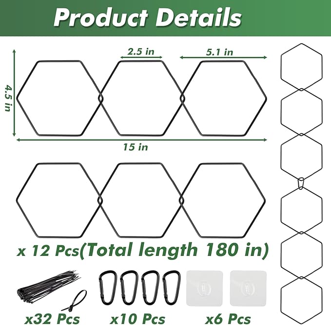 15 Ft Chain Trellis for Climbing Plants Indoor, 36 Packs Hexagon DIY Wall Trellis, Pothos Plant Climber Support, DIY Lengths Plant Support Stakes with Connect-Hooks, Ties, Hooks, Black
