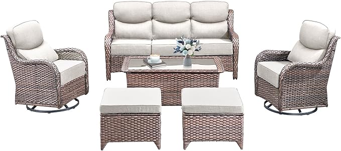 Luxury High Back Outdoor Furniture with 6-Inch Thick Cushions, Patio Furniture Set with Swivel Chairs, 6 PCS Wicker Conversation Set for Porch, Balcony, Deck and Yard
