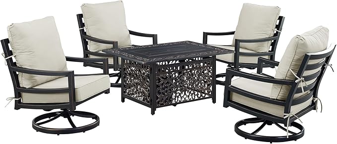 Oakland Living Black Aluminum Patio Fire Table Set with Four Club Chairs with Light Grey Cushions
