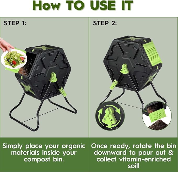 Compost Bin, 21 Gallon Small Composter Tumbler Outdoor Compact Single Rotating Chamber with Sliding Door and Steel Frame, BPA-Free Composting Bin for Garden, Kitchen, and Yard Waste