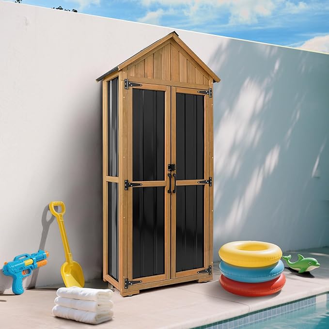 Outdoor Storage Cabinet Waterproof, Outdoor Storage Shed with Shelves, Wood & Metal Patio Backyard Garden Storage Cabinet Tool Organizer for Outside