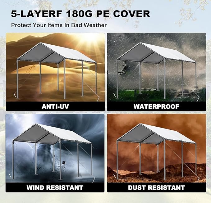 Carport, 10x20ft Heavy Duty Portable Garage, Car Port with Storage Shed, Car Canopy Car Tent with Steel Frame All-Season Tarp for Car, Truck, Boat, Party (B-White)