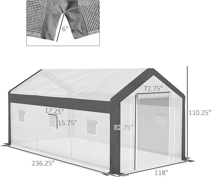 Outsunny 20' x 10' x 9' Walk-in Greenhouse, Outdoor Gardening Canopy with 6 Roll-up Windows, 2 Zippered Doors & Weather Cover, White
