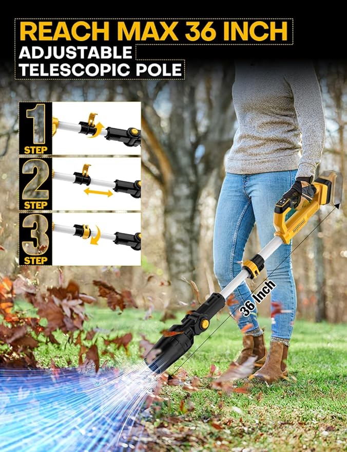 Cordless Leaf Blower for DEWALT 20V Battery, 31000RPM Brushless Motor, 650CFM/280MPH,Lock-On Switch,60° Adjustable Head, Telescopic Pole & 3-Speed Lightweight Blowers for Lawn Care, Snow Removal, Yard