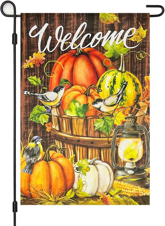 Fall Thanksgiving Pumpkins Bird Garden Flag,Blackout Halloween Autumn Harvest Latern Vertical Flag12x18 Double Sided, Welcome Patio Front Porch Yard Lawn Outdoor House Fall Decoration