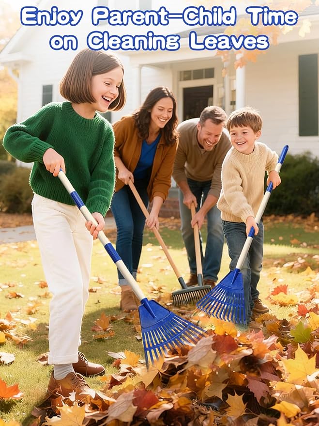 Acostop 2 Pcs Kids Rakes with Wood Handle - 34" Lightweight Plastic Garden Rake for Leaves, Safe to Use Kid Yard Tools for Boys Girls Fall Gardening Gifts (Blue)