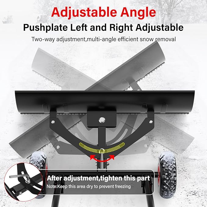 Snow Shovel Pusher for Driveway,Heavy Duty Steel Snow Shovel with Wheels,29 in Angled Blade Efficient Snow Removal,3 Level Adjustable Height Handle,Snow Plow with Safety Reflective Tape