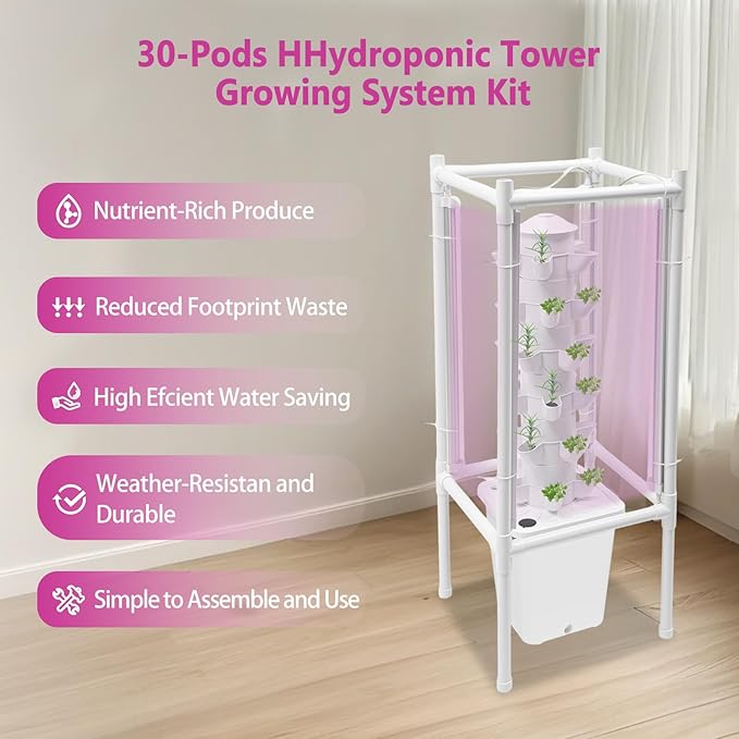 Hydroponic Growing System, Planter Germination Tower with Pump, 30 Pods Indoor Gardening Vertical Garden Planter Indoor Smart Garden Kit for Gardening Lover Herbs,Fruits (White)
