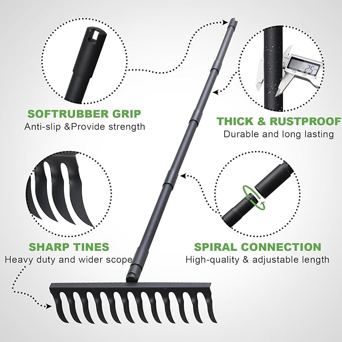 Pragmatist Bow Rake Heavy Duty 60" Metal Head Garden Rake with Adjustable Stainless Steel Handle Garden Tool for Loosening Soil Leveling Mulch Gathering Leaf