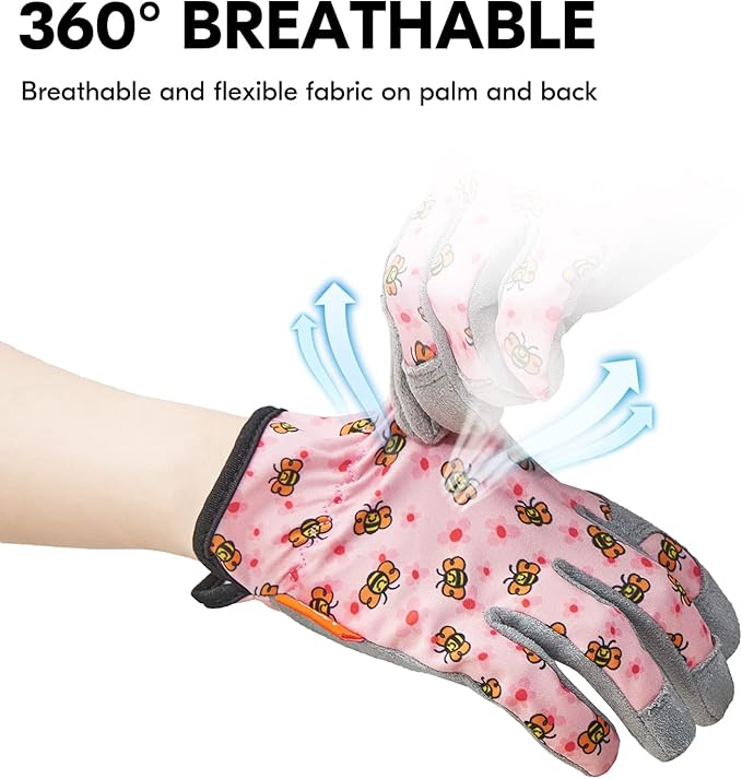 Vgo... 1-Pair Age 4-5 Kids Gardening Gloves,Children Yard Work Gloves,Toddlers,Boys,Girls (Size S, Pink Bee, KID-MF7362)