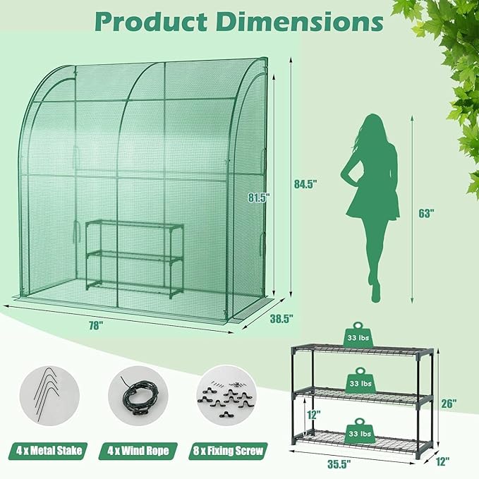 Happygrill Walk-in Greenhouse with 3-Tier Flower Rack, Weatherproof PE Cover & Roll-up Zipper Doors, Lean-to Greenhouse for Garden, Backyard, Balcony