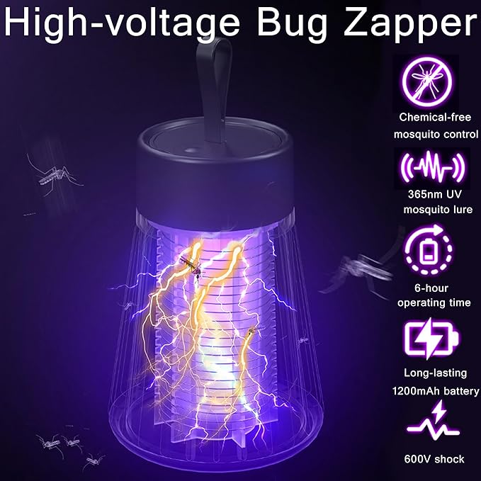 Bug Zapper Portable Camping Outdoor, Cordless Mosquito Zapper, Rechargeable Indoor Fly Zapper, Mosquito Repellent with Safety Grid, USB Charging Mosquito Killer for Indoor/Outdoor, Grey