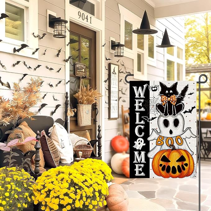 Halloween Welcome Garden Flags for Outside 12x18 Inch Double Sided Burlap, Black Cat Spooky Ghost Pumpkin Sign Small Flag Farmhouse Holiday Yard Lawn Outdoor Decorations DF868