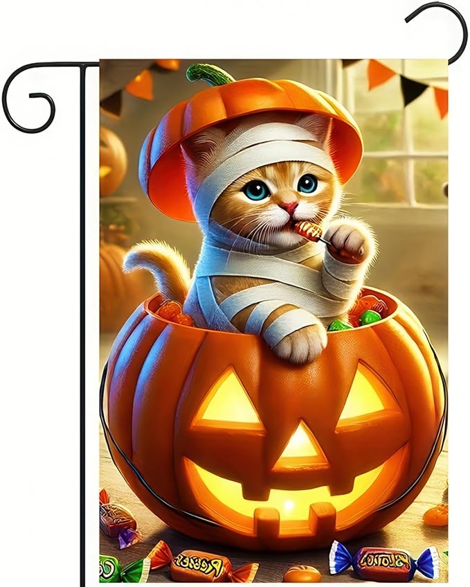 Cat Halloween Garden Flags 12x18 Double Sided Trick or Treat Holiday Garden Flags Jack O Lantern Pumpkin Flag Cute Kitten Fall Holiday Yard Flag Winter Lawn Flags Farmhouse Outdoor Banner