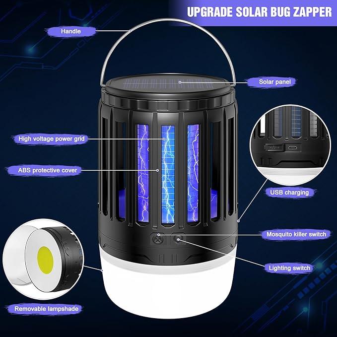 2 Pack Solar Bug Zappers Outdoor, 3 in 1 Mosquito Zapper Killer USB Rechargeable Camping Light, Waterproof Portable Gnats Flying Trap for Outdoor & Indoor
