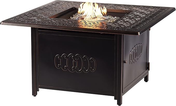 Oakland Living Black Aluminum Patio Fire Table Set with Four Club Chairs with Blue Cushions