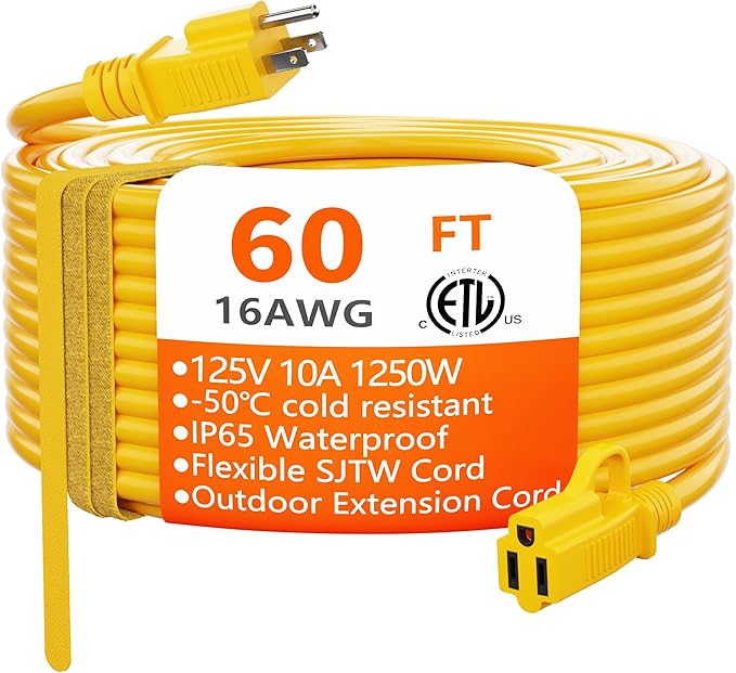 HUANCHAIN Outdoor Extension Cord 60 Foot Waterproof, 16/3 Gauge Flexible Cold-Resistant Appliance Extension Cable Outside, 10A 1250W 16AWG, 3 Prong Heavy Duty Electric Cord Yellow, ETL
