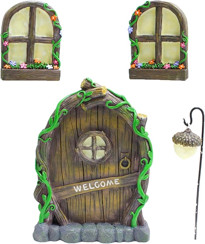 Fairy Door and Windows Garden Kit Accessories Outdoor, Glow in Dark Gnome House for Tree, Lawn Yard Art Sculpture, Miniature Garden Decor (Gnome)