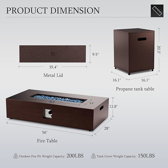 UPHA 56-inch Outdoor Propane Gas Fire Pit Table 50000 BTU Iron Rectangle Firepit for Outside Patio with Tank Hidden Table, Removable Lid, Blue Glass Rocks, Rain Cover, Brown