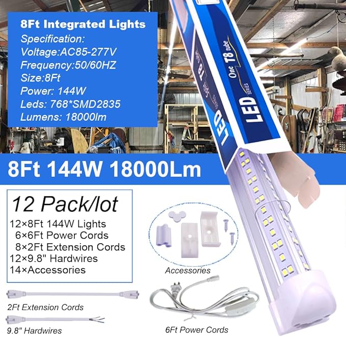 8Ft Led Shop Lights,8 Feet 8' V Shape Integrated LED Tube Light,144W 18000lm Fluorescent Clear Cover Linkable Surface Mount Lamp,Replace T8 T10 T12 Fluorescent Light Cooler Door Freezer Fixture