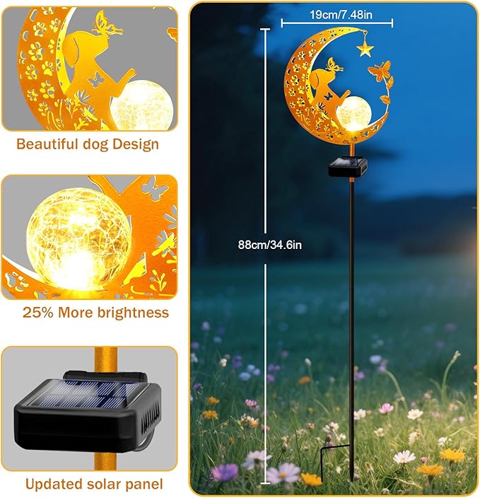YJFWAL Garden Solar Dog Lights Pathway Stake Lights Glass Globe with Moon Dog Decor, Gifts for Mom Grandma Friends, Outdoor Decor Light Waterproof for Walkway, Yard, Patio or Garden (Warm White)