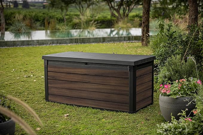Keter Signature Collection 150 Gallon Resin Deck Box Organization and Storage for Patio Outdoor Cushions, Throw Pillows, Garden Tools and Pool Supplies, Rosewood