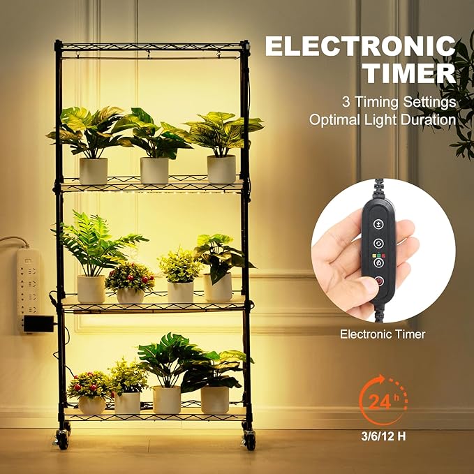 VEVOR Plant Stand with Grow Light, 4-Tier Plant Shelf with 45W Full Spectrum Grow Light, 3 Mode Plant Light with Timer and Wheel for Seed Starting, Metal Grow Light Shelf for Indoor Plants