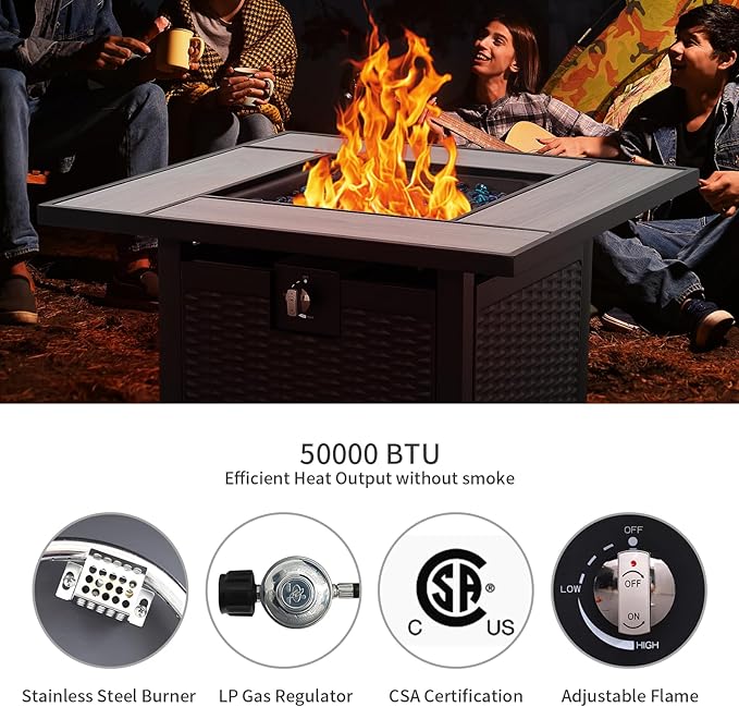 30 Inch Fire Tables 50000 BTU Outdoor Fire Pits for Outside Steel Gas Fire Table with Fire Pit Lid Wooden Marble Tabletop and Waterproof Cover