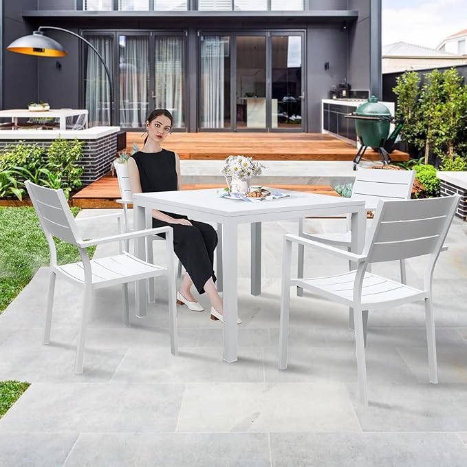 36 Inch Aluminum Outdoor Dining Table - Square Patio Table for 4-Person, Weather-Resistant Dining Table Furniture for Lawn Backyard Garden Deck Kitchen Indoor Outdoor Use (White)