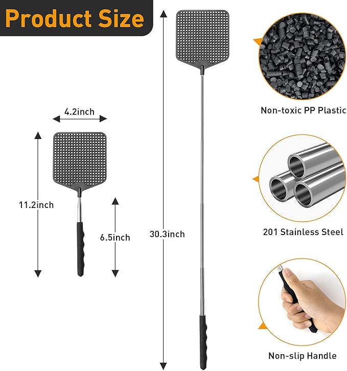 Telescopic Fly Swatter 3 Pack, Premium Plastic Fly Swatter, Flyswatters Heavy Duty, Stainless Steel Handle（Black）