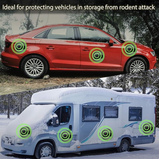 Rodent Repellent for Cars Battery Operated Ultrasonic Mice and Rat Deterrent with LED Flashlights, Wireless Under Hood Animal Repeller Pest Control Device for RV, Truck, and Vehicle Engine Protection